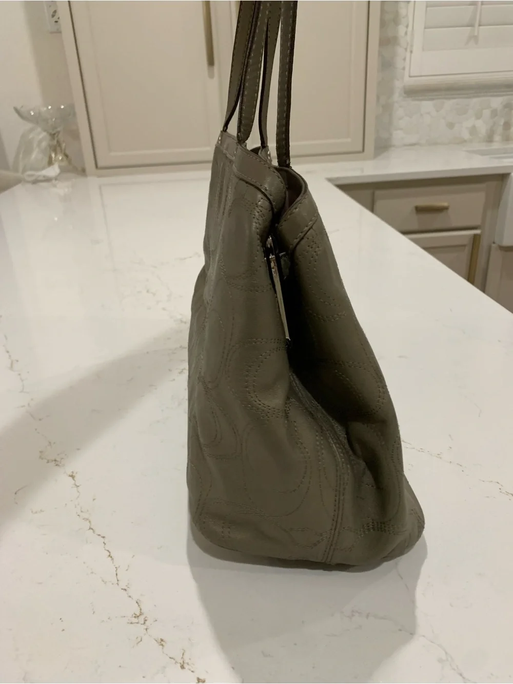 Coach Olive-Taupe Signature Shoulder Leather Tote Bag